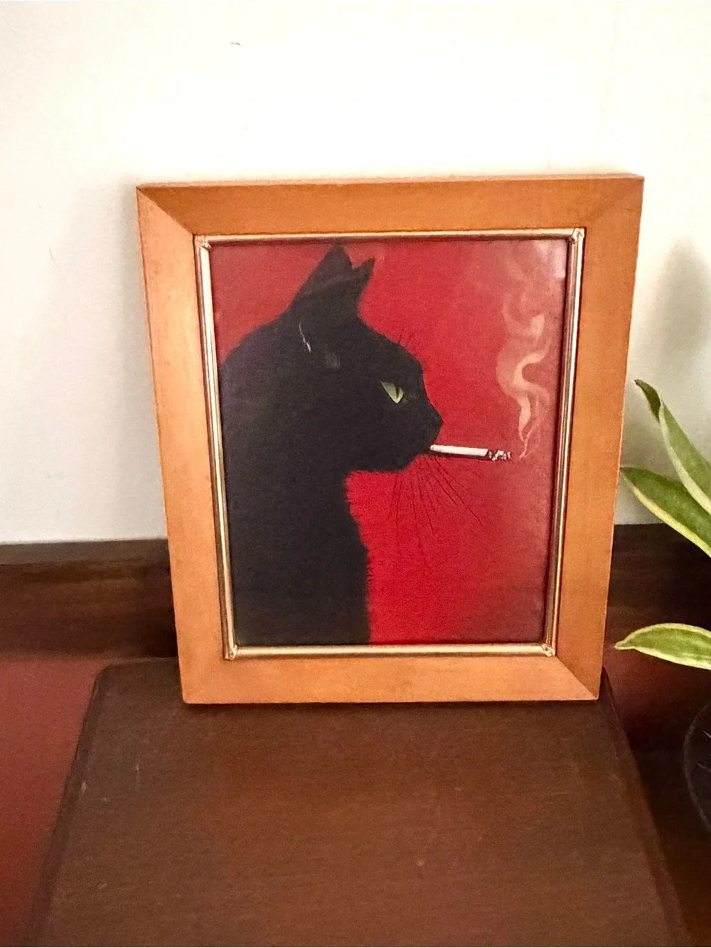 Black Cat Smoking a Cigarette Red Canvas Vintage Wood Framed Wall Hanging Art